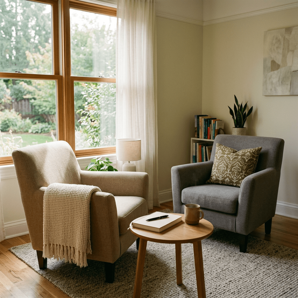 Two armchairs, a small round wooden table, and a large window with sheer curtains